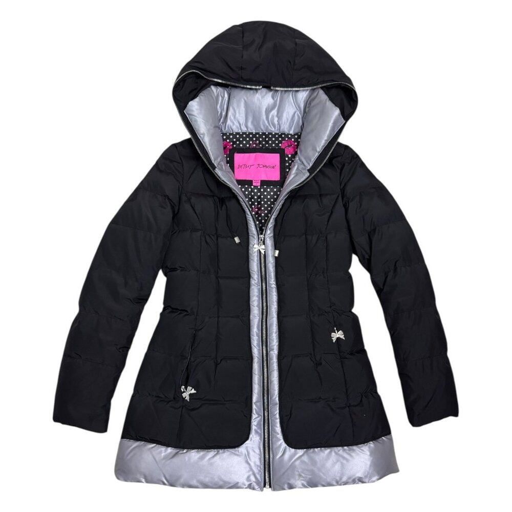 BETSEY JOHNSON Down & Feather Black Designer Winter Puffer Parka Coat Womens S
